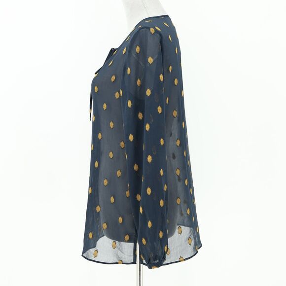 Ann Taylor Top Petites SP PS Navy Blue Sheer Blouse Gold Medallions Embroidery - Picture 5 of 14